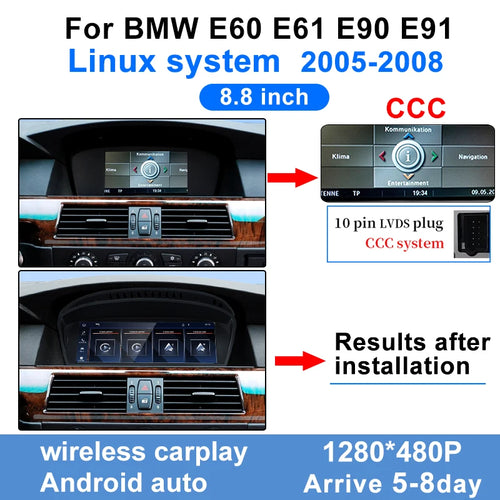 8.8"Touch Screen Display For BMW 3/5 Series E60 E61 E90 E91 CCC CIC 2005-2012Wireless Carplay Android Auto Car Multimedia Player