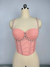 Pearl & Rhinestone Embroidered Bustier Corset Crop Top High Street Bralette