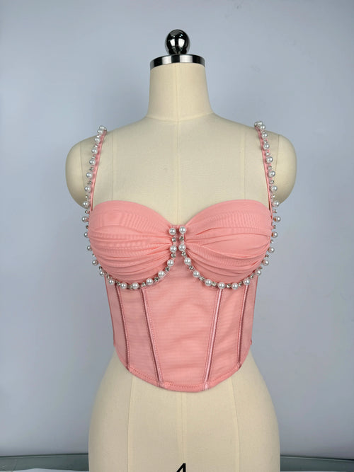 Pearl & Rhinestone Embroidered Bustier Corset Crop Top High Street Bralette