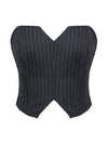 Black Striped Overbust Corset Top Zipper Front Lace-Up Bustier Body Shaper