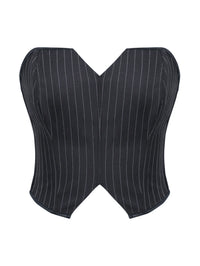 Black Striped Overbust Corset Top Zipper Front Lace-Up Bustier Body Shaper