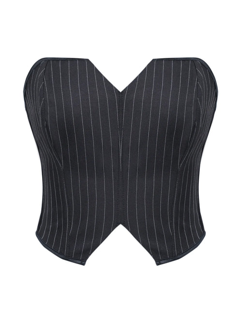 Black Striped Overbust Corset Top Zipper Front Lace-Up Bustier Body Shaper