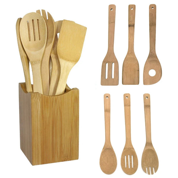 6 Pieces Bamboo Spoon Spatula Kitchen Utensil Wooden Cooking Tool Mixing Set EzBuyCo