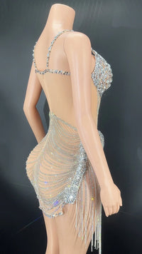 Sparkly Rhinestone & Fringe Sheer Mesh Mini Dress Stage Performance Costume