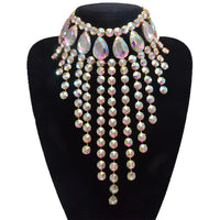 Rhinestone Glass Crystal & AB Drop Tassel Choker Necklace