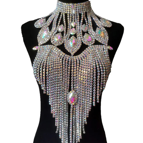 Long Rhinestone Tassel Fringe Crystal Drop Chocker Necklace Body Jewelry