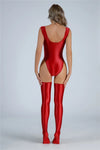 Backless High-Cut Oil Glossy Sheer Bodysuit & Matching Stockings Set