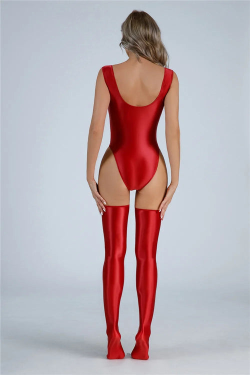 Backless High-Cut Oil Glossy Sheer Bodysuit & Matching Stockings Set