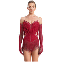 Sparkly Rhinestone & Tassel Fringe Dance Leotard with Gloves Two-Piece Stage Costume