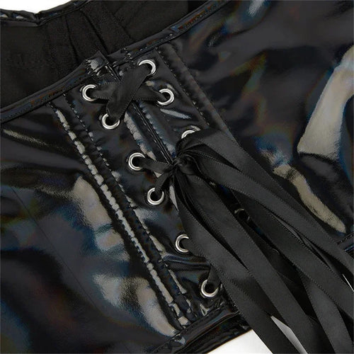 Black Shiny PU Leather Halter Corset Crop Top Push-Up Bustier Gothic Bra