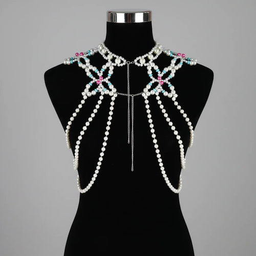 Dazzling Simulated Pearl String Bra Chain & Bikini Shawl Chest Jewelry