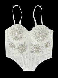 Pearl & Sequin Embroidered Floral Bustier Corset Top Asymmetric Camisole Bralette