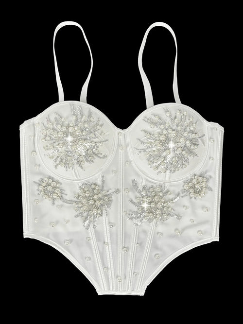Pearl & Sequin Embroidered Floral Bustier Corset Top Asymmetric Camisole Bralette