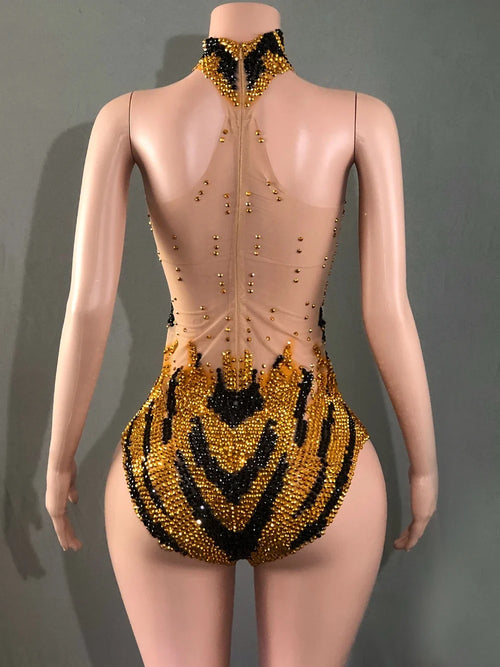 Sparkly Rhinestone Transparent Mesh Bodysuit Stage Performance Costume