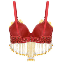 Sparkly Floral Beaded Sequin Belly Dance Bra & Tassel Performance Top