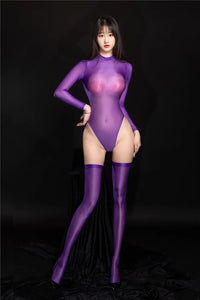 Oil Glossy High-Cut Open Crotch Shaping Bodysuit & Matching Stockings Set