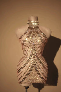 Sparkly Rhinestone High-Neck Sheath Mini Dress Stage Dance Costume