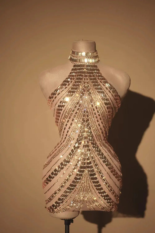 Sparkly Rhinestone High-Neck Sheath Mini Dress Stage Dance Costume