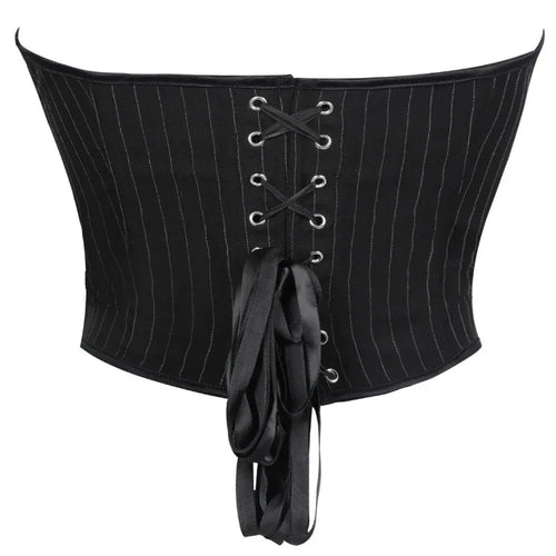 Black Striped Overbust Corset Top Zipper Front Lace-Up Bustier Body Shaper