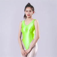 Backless High-Cut Sheer Oil Glossy Bodysuit Satin Smooth Leotard
