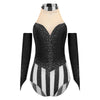 Circus Ringmaster Rhinestone Striped Leotard & Fingerless Gloves Costume Set