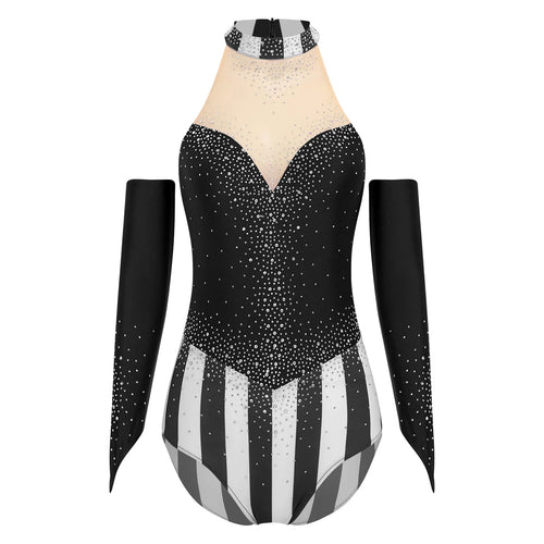 Circus Ringmaster Rhinestone Striped Leotard & Fingerless Gloves Costume Set
