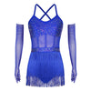 Rhinestone Latin Dance Dress, Mesh Tiered Tassel Bodysuit & Long Gloves Set