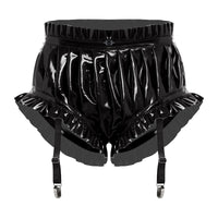 Wet-Look PU Leather Ruffled Bloomer Shorts Attached Garter Clips Briefs