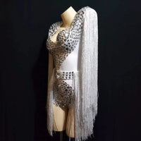 Sparkly Crystal Rhinestone & Tassel Fringe Bodysuit Costume Set with Bra & Belt