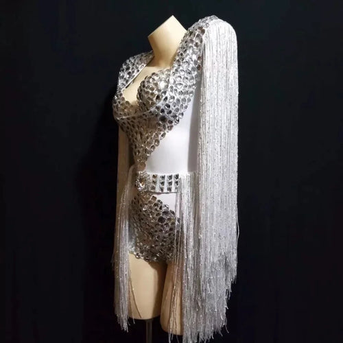 Sparkly Crystal Rhinestone & Tassel Fringe Bodysuit Costume Set with Bra & Belt