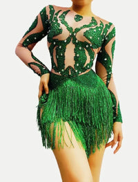 Sparkly Green Crystal & Tassel Fringe Bodysuit Stage Performance Costume