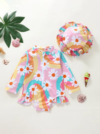 Toddler Boy  Rash Guard Swimsuit Short Sleeve High Neck Zipper Beach Pool Bodysuit Swimwear Cap