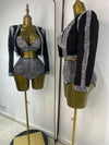 Rhinestone Bustier, High-Waist Mini Shorts & Cropped Jacket 3-Piece Performance Costume Set