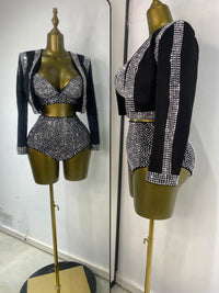 Rhinestone Bustier, High-Waist Mini Shorts & Cropped Jacket 3-Piece Performance Costume Set