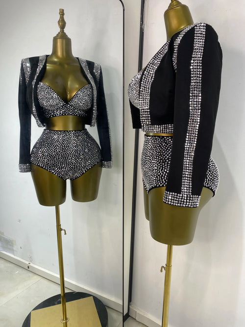 Rhinestone Bustier, High-Waist Mini Shorts & Cropped Jacket 3-Piece Performance Costume Set