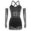 Rhinestone Latin Dance Dress, Mesh Tiered Tassel Bodysuit & Long Gloves Set