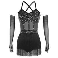 Rhinestone Latin Dance Dress, Mesh Tiered Tassel Bodysuit & Long Gloves Set