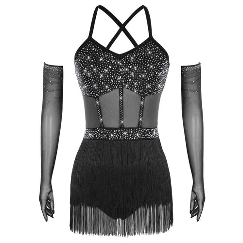 Rhinestone Latin Dance Dress, Mesh Tiered Tassel Bodysuit & Long Gloves Set