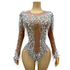 Sparkly Rhinestone, Pearl & Chain Long-Sleeve Mesh Bodysuit Stage Performance Costume