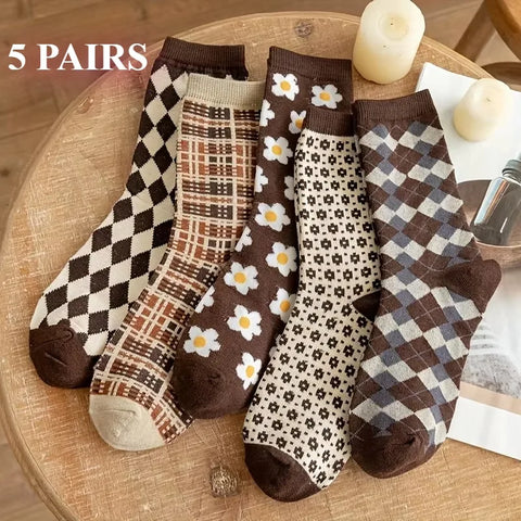 5 Pairs Women Cotton Argyle Comfortable Crew Socks Floral Print Fashion Middle Tube Short Socks Set Pack