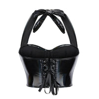Black Shiny PU Leather Halter Corset Crop Top Push-Up Bustier Gothic Bra