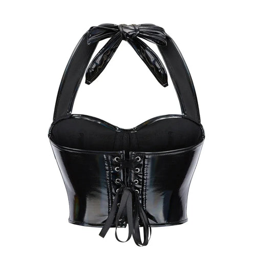 Black Shiny PU Leather Halter Corset Crop Top Push-Up Bustier Gothic Bra