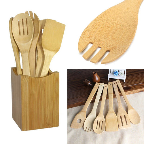 6 Pieces Bamboo Spoon Spatula Kitchen Utensil Wooden Cooking Tool Mixing Set EzBuyCo