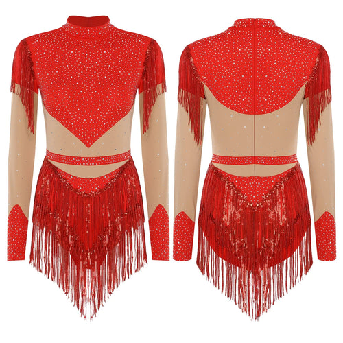 Rhinestone Sequin Tassel Long Sleeve Dance Jumpsuit Bodysuit