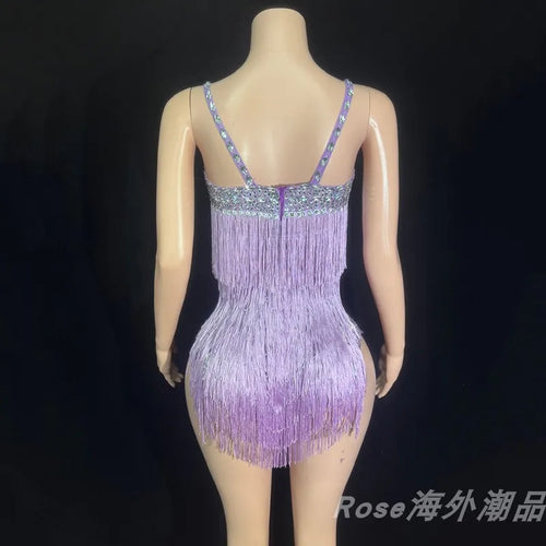 Custom Fringe Rhinestone Bodysuit & Stage Performance Dance Costume