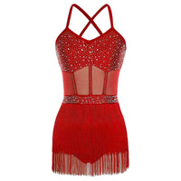 Rhinestone Latin Dance Dress, Mesh Tiered Tassel Bodysuit & Long Gloves Set