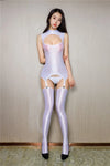 Oil Glossy Sheer Sleeveless Hollow-Out Garter Bodysuit with G-String & Stockings Set