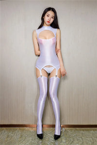 Oil Glossy Sheer Sleeveless Hollow-Out Garter Bodysuit with G-String & Stockings Set