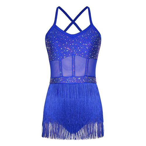 Rhinestone Latin Dance Dress, Mesh Tiered Tassel Bodysuit & Long Gloves Set