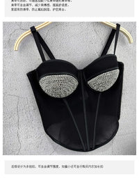 Rhinestone Mesh Denim Bustier Corset Crop Top Push-Up Party Bralette